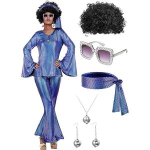 Jexine 70s Women Disco Outfit Costume Disco Party Top Pants Sunglasses Ball Necklace Earring Wig for Halloween New Year Eve (Purple, XXL)