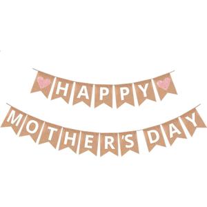 Mother's Day Banner Decorations Burlap, Happy Mother's Day Decor Sign Pre-Strung Indoor Outdoor Hanging Decor for Home Fireplace Mantel Party Supplies Photo Props
