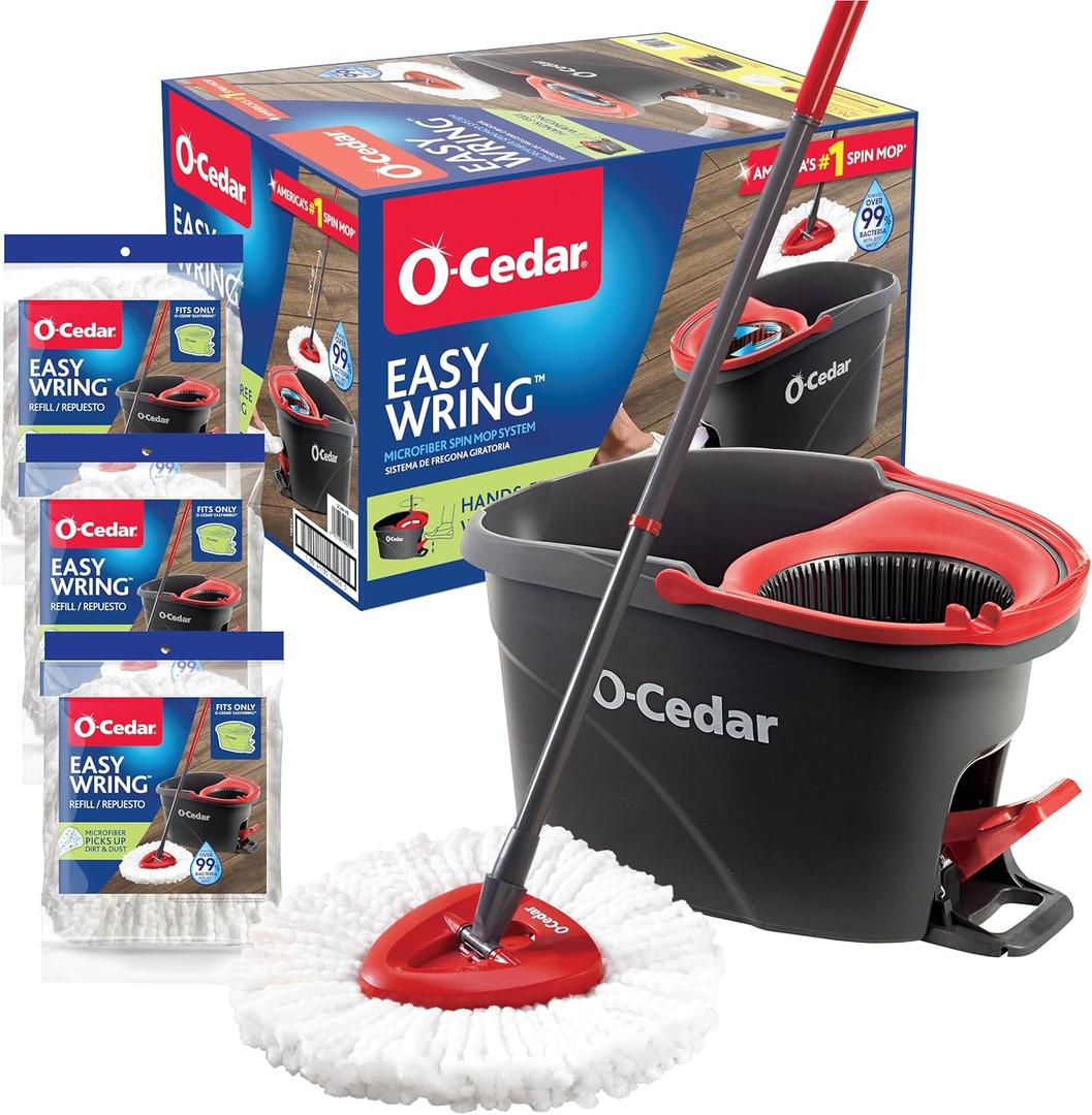 O-Cedar Easywring Microfiber Spin Mop & Bucket Floor Cleaning System + 3 Extra Refills (4 Refills Included)