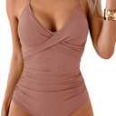B2prity Women's One Piece Swimsuits Tummy Control Front Cross Bathing Suits Tie Back Slimming V Neck Swimwear (Large, Cameo Brown)