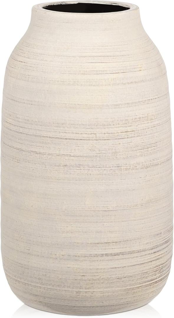 Briful 9.6in Large Rustic Shabby White Ceramic Vase,Vintage Farmhouse Flowers Vase,Shabby Terra Cotta Vase, Antique Pottery Decorative Pampas Vase for Home Office Table Shelf Mantel Porch Decorations