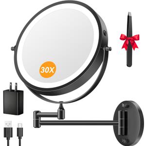 5000mAh Rechargeable Wall Mounted Lighted Makeup Mirror, 9'' 30X/1X Double-Sided Magnifying Mirror with Light, Bathroom Mirror Touch Dimmable 3 Colors 360° Rotation Extended Arm, Power Adapter