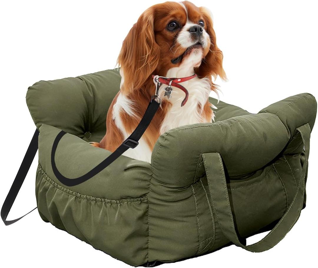 Medium Dog Car Seat Up to 28lbs - Pet Travel Bed Booster with Storage, Safety Tether, Anti-Slip Bottom for Cars(Green)