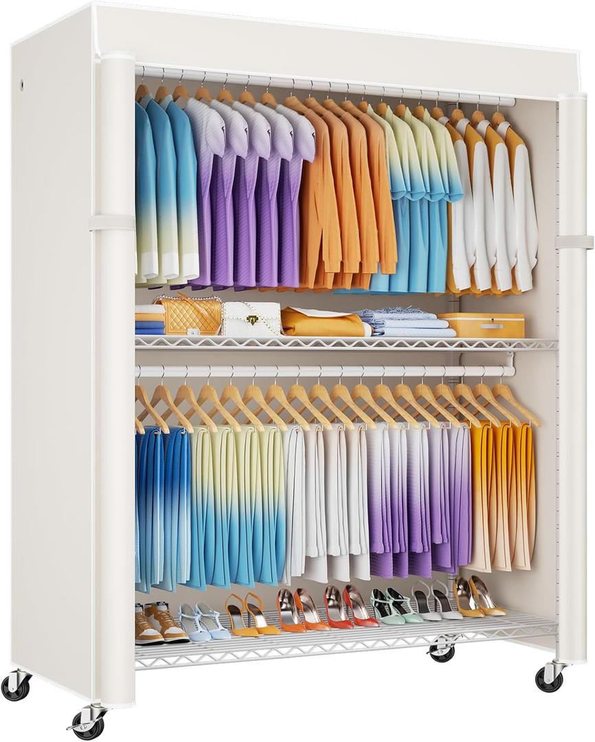 P8C Max Heavy Duty Clothes Rack（With Extended Width Design） Rolling Clothing Racks for Hanging Clothes with Lockable Wheels，51.2"W x 15.8"D x 80.5"H，Load 800LBS，White Rack with White Cover