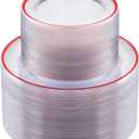 BESTSTAR 200PCS Red and Clear Plastic Plates, Disposable Plate Set with 100 Dinner Plate and 100 Dessert Plates for Party, Christmas, Valentine's Day