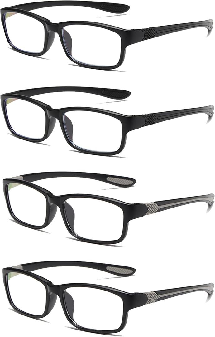 Reading Glasses Men 4 Pairs Ultra Light TR90 Sports Style Blue Light Blocking Readers+1.5(Black&Grey)