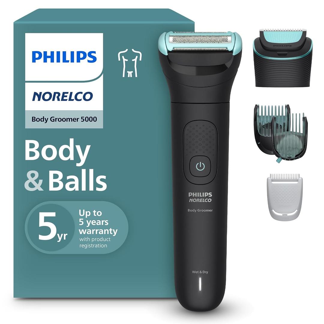 Philips Norelco Body Groomer 5000 Series, Intimate Hair Shaver & Trimmer for Men with Interchangeable & Adjustable Full Body Trim & Shave Heads, 100% Showerproof, BG5490/50 (Black)