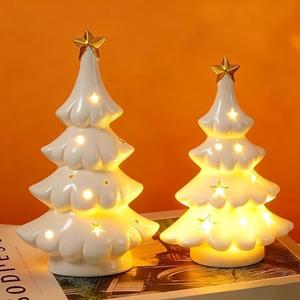 WDS WONDROUS Ceramic Christmas Tree White with Lighted Decor, 2 Pcs Christmas Trees Figurines with Lights, Small Xmas Tree with Star for Tabletop Mantel Shelf Fireplace
