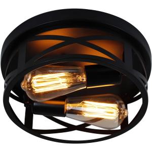 2-Light Flush Mount Ceiling Light Fixtures - 10.6in Adjustable Lamp Head Industrial Metal Cage Light Fixtures Ceiling Mount for Farmhouse Hallway Bedroom Kitchen Entryway (Black)