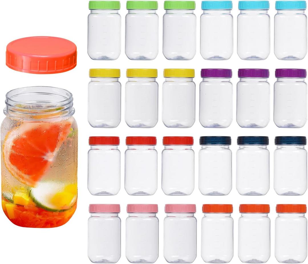 Plastic Mason Jars 16oz Storage Jars with Colorful Screw On Lid Empty Storage Containers Airtight Leak-Proof Food Jars for Kitchen and Home (24 Pack)