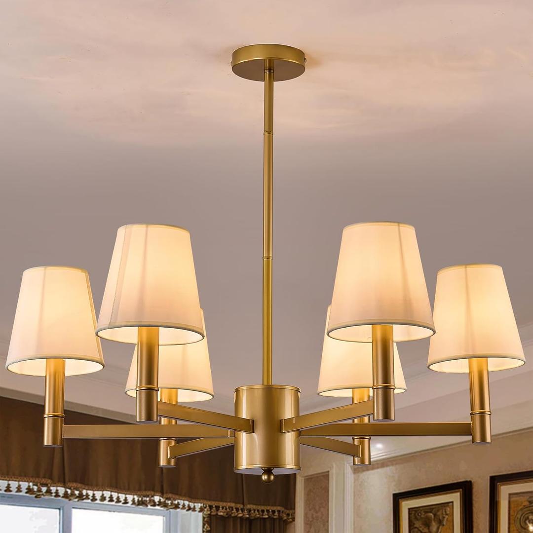 ASGYISA 6 Light Gold Chandelier Light Fixture Metal with White Fabric Shade for Kitchen Dining Room Living Room Foyer Bedroom Farmhouse