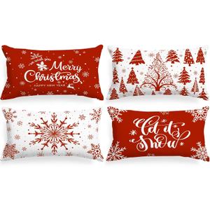 Lanpn Christmas Lumbar Throw Pillow Covers 12x24 Set of 4, Merry Christmas Winter Xmas Snowflake Decorative Holiday Cushion Pillow Cases 12 x 24 for Indoor Farmhouse Home Room Couch Decor (Red)