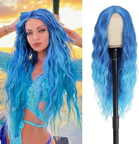 BUPPLER Cosplay Long Blue Wig 28 Inch Middle Part Synthetic Wig Realistic Gifts Party Wigs for Women Daily Use Colorful Wigs (Blue)