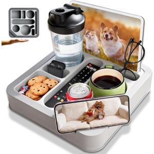 Heavyrain Couch Remote Holder Caddy Cup Holder Tray for Couch and Bed - Spill-Proof Armrest Organizer with Removable Divider, Perfect for Gaming, Movie Night, Remote Control, Snack & Phone Storage
