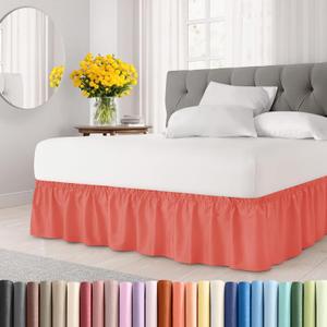 Wrap Around Dust Ruffle Bed Skirt - Coral - for Queen Size Beds with 18 Inch Drop - Easy Fit Elastic Strap - Adjustable Pleated Bedskirt w/Brushed Fabric - Wrinkle Free - for Women, Men, Kids & Teens