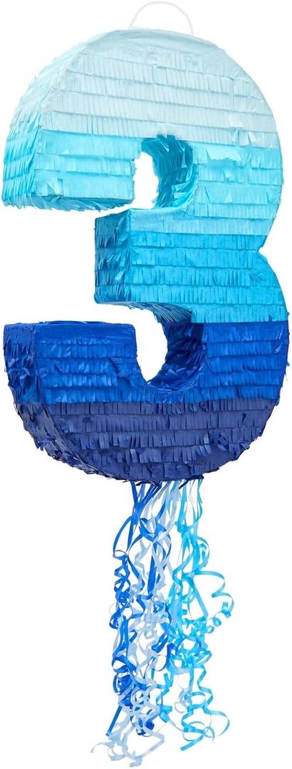 Ombre Blue Number 3 Pull String Pinata for Kids, 16.5"x3"x11.5" Fillable Hanging Decoration for 3rd Birthday Decorations for Boys Girls, Holds Candy, Confetti