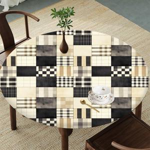 Neutral Patchwork Plaid Round Tablecloth Fitted Circle Table Cover with Elastic Edge, Waterproof & Washable Polyester Table Cloth for 43" to 54" Indoor/Outdoor Tables