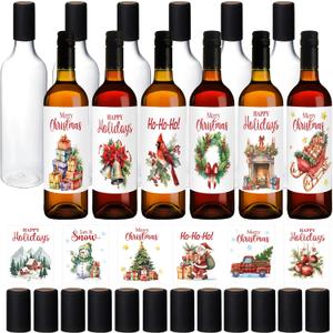 Maxcheck 44 Pcs 25 oz Christmas Plastic Wine Bottles Set with Shrink Capsules Label Stickers Airtight 750ml Empty Clear Liquor Bottles with Lid Brewing Wine Making Homemade Xmas Gift(Clear,Cute)