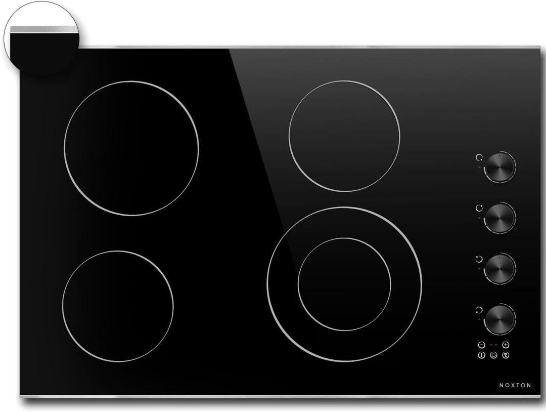Noxton Electric Cooktop 30 Inch, Knob Control 4 Burners Electric Stove Top with Glass Protection Metal Frame, Expandable Burner, Safety Lock, Timer, 6700W 240V Hard Wired(Black)