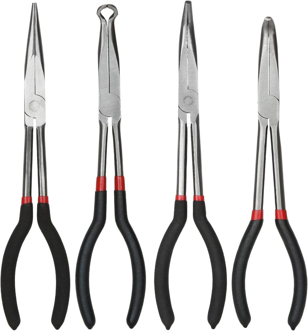4 Pack Needle Nose Pliers Set, 11 inch Long Reach Plier, Straight Needle Noses Plier, 45 & 90 Degree Angle Curved Needle Nose Pliers,Spark Plug Removal Tool