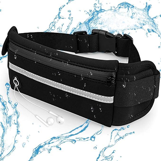 Slim Running Belt Fanny Pack for Men and Women Waist Bag Running Bag Money Belt Phone Holder for Running Sports Hiking Travel Adjustable Waist Bag Fits Most Phone, black, Water resistant 