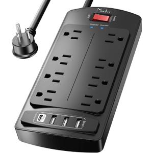 10 Feet Surge Protector Power Strip - Nuetsa Extension Cord(1625W/13A) with 8 Outlets and 4 USB Ports, Flat Plug, 2700 Joules, for Home, School, College Dorm Room, and Office, ETL Listed, Black