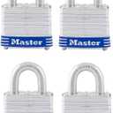 Master Lock 3008D Outdoor Padlock with Key, 4 Pack Keyed-Alike Silver 1-1/2 Inch