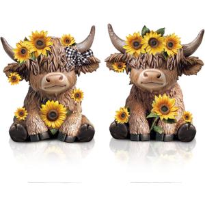 Wesiti 2 Pcs Sunflower Highland Cow Figurines Decor, Cute Spring Highland Cow Statue Farmhouse Desk Decorations Resin Gnomes Scottish for Home Garden Kitchen Office