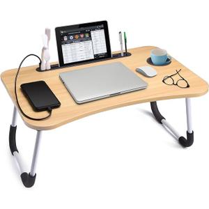 Slendor Lap Desk with Cup Holder, Foldable Laptop Table for Bed, Portable Bed Desk for Laptop and Writing, Computer Tray with Tablet Slot, Notebook Stand Reading Holder for Couch Sofa Floor, Walnut