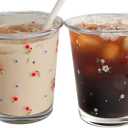 Set of 2 12 OZ Floral Drinking Glasses French Glass Coffee Cup Cute Flower Glass Cups for Iced Coffee,Tea,Juice,Latte,Milk,Dessert,Stackable Glassware Drinkware Set(red white)