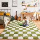 Fluffy Area Rug for Bedroom 5x7, Modern Indoor Shag Carpet, Soft Plush Non Slip Checkered Rugs for Living Room Kids Room Home Decor, Grass Green and White