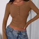 PRETTYGARDEN Women's 2025 Summer Long Sleeve Henley T Shirts Ribbed Knit Button Slim Fitted Basic Casual Going Out Fall Tops (Brown, XL)