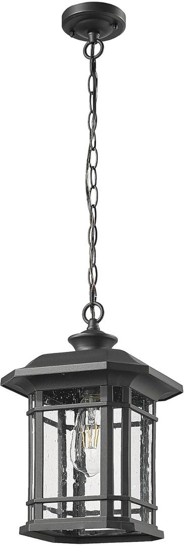ALLGOT Large Outdoor Pendant Light, Black Outdoor Chandelier Lantern, Anti-Rust Exterior Hanging Lighting Fixture, Porch Lights Hallway Ceiling with Seed Glass for House (Black, 13.36 Inch Height)