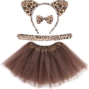 Neer 4 Pcs Cheetah Costume for Kids Girls Leopard Cat Ears Headband Tails Ears Bow for Halloween Animals Zoo Keeper Cosplay (Adults 21.65 Inch, Brown)