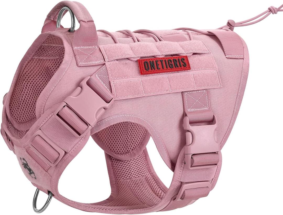 OneTigris Tactical Dog Harness Vest,No-Pull Service Dog Vest with Hook & Loop Panels,Adjustable Dog Vest Harness for Walking Hiking Training (Pink,L)