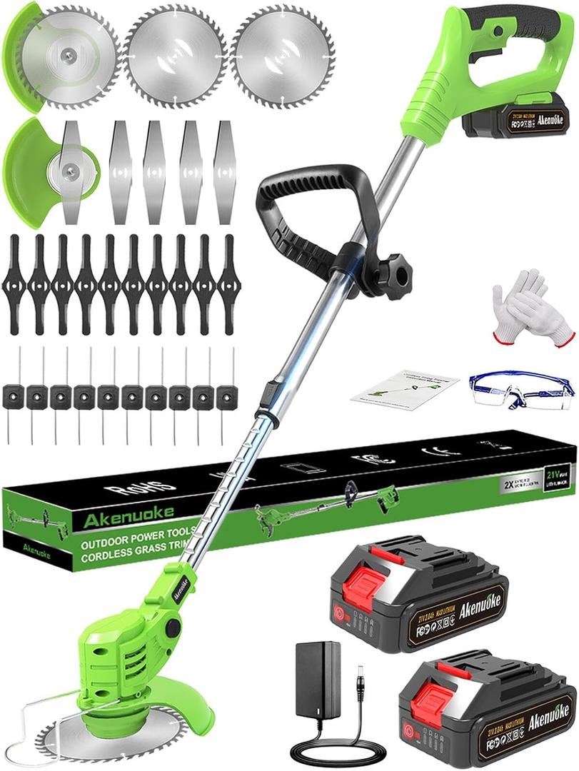 Akenuoke Electric Weed Wacker Cordless, 21V Battery Powered Weed Eater with 2 Battery and Charger, Lightweight Electric Grass Trimmer 4 Types 26Pcs Blade, 3 in 1 Weed Trimmer Lawn Edger Brush Cutter for Garden