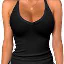 Jar of Love Women's Workout Tank Top with Built-in Shelf Bra-V-Neck Racerback Ribbed Cami for Gym, Yoga, Running (Medium)