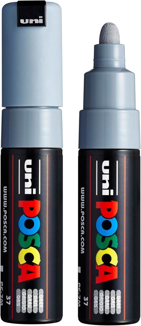 posca uni PC-7M Water-Based Paint Markers, Broad Tip (4.5-5.5mm), Grey, 2 Count