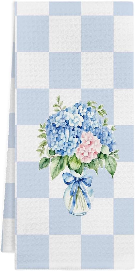 Blue and White Hydrangea Floral Decor, Hydrangea Gifts, Blue Checkered Grand Millenial Flower Decorative Hand Towel for Bathroom Decor, 16x24 Inch