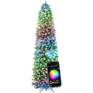 HOLLO STAR 9 ft Prelit Christmas Tree with 500 LED Lights, App Control, Slim Pencil Christmas Tree, Multi-Color RGBW Lights, 1426 Flocked Frosted Tips, Xmas Tree, 95 Pine Cones, for Home, Party