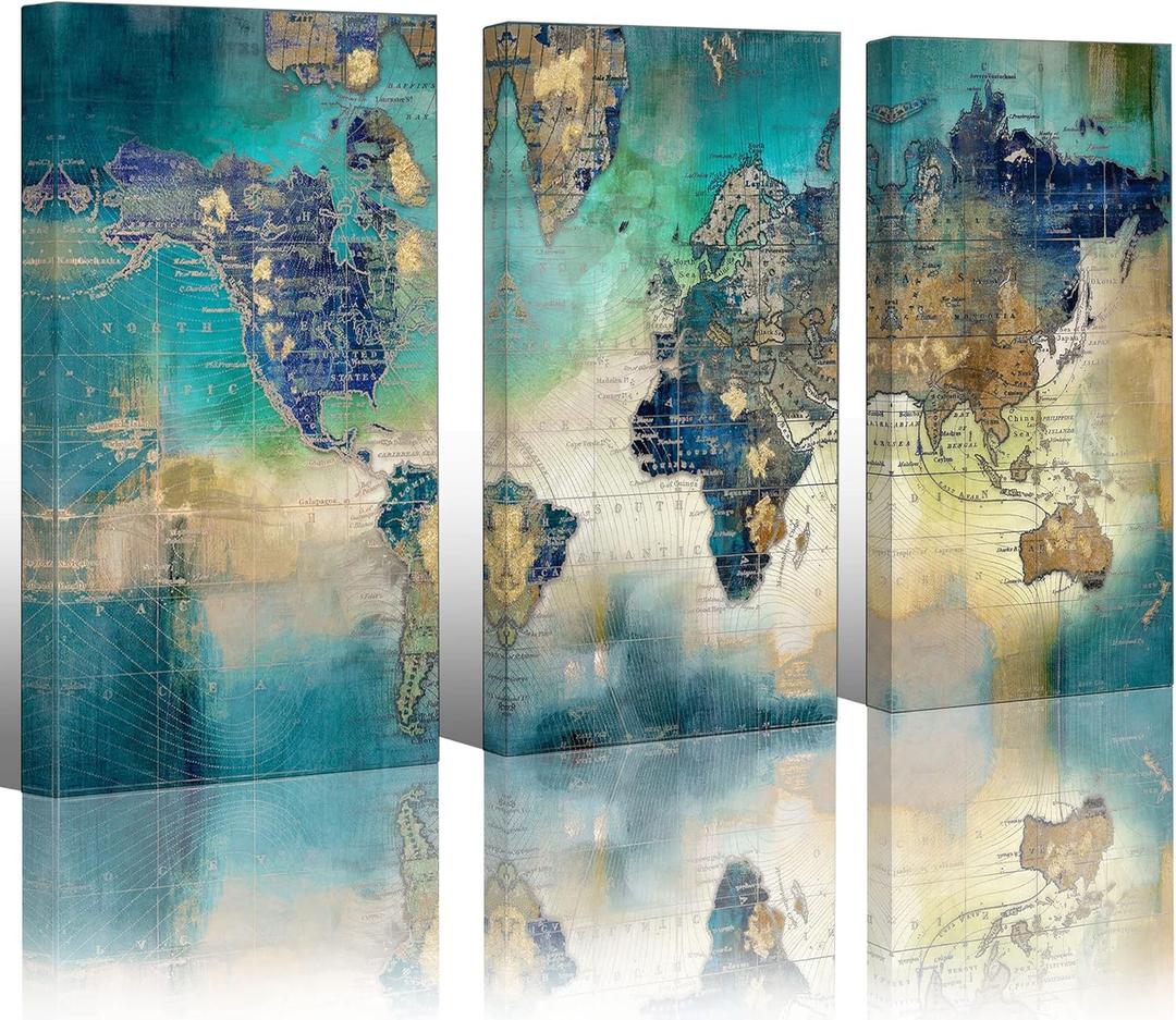Pogusmavi Canvas Wall Art for Living Room - World Map Wall Decor - Large Wall Art for Bedroom - Office Artwork - Map Wall Art 16"x32" 3 Piece Canvas Wall Art