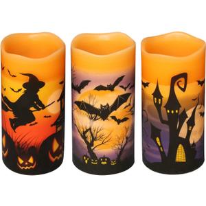 DRomance Halloween LED Flameless Pillar Candles Battery Operated with 6 Hour Timer Set of 3 Orange Wax Warm Light Flickering Witch Bats Castle Spooky Decals Halloween Decor Gifts(3 x 6 Inch)