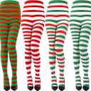 Sumind 4 Pairs Christmas Women Striped Tights Red Green White Striped Stocking Adult Elf Tight Halloween Cosplay Elf Costume, One Size