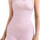 SUUKSESS Women 2 Piece Workout Sets High Waisted Tummy Control Biker Shorts Halter Padded Tank Tops (Pink, XS)
