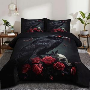 CCoutueChen Black Crow Red Rose Skull Comforter Set King Size Halloween Gothic Roses Skeleton Bedding Set Holiday Decoration Bedding Black Floral Bird Down Comforters Soft Microfiber Comforter Sets (King(104" x 90"))