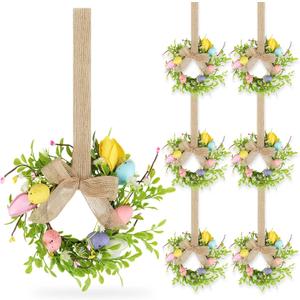 6 Pcs 9" Small Easter Wreaths for Kitchen Cabinet, Mini Spring Artificial Easter Egg Wreath Floral Decorations with Rustic Bow for Window, Front Door, Table Centerpiece Decor