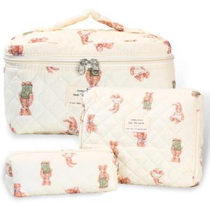 3Pcs Quilted Makeup Bag - Cotton Large Floral Makeup Bag, Travel Cosmetic Bag Cute Flower Aesthetic Floral Toiletry Organizer Bag Set for Women (02White-Bear)