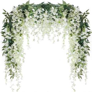 JUSTOYOU 3PCS 7FT 12 Stem Artificial Wisteria Vine Garland Fake Flower Wisteria Garlands for Outdoor Indoor Wedding Wall Bedroom Decoration (White)