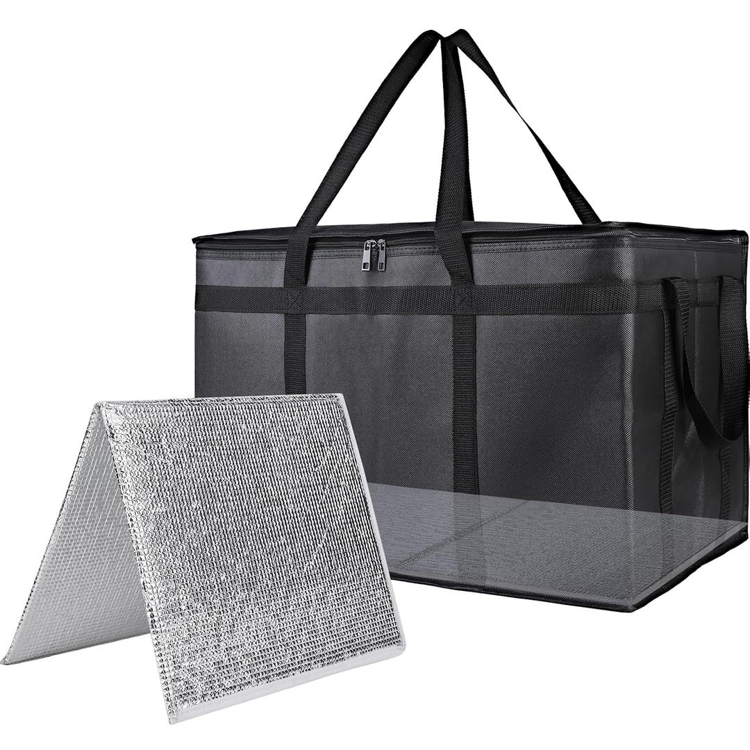Bodaon 1PK Thermal Insulated Food Delivery Bag with Hard Bottom - 3X-Large Catering Cooler Bag for Hot and Cold Meals - Ideal for Commercial Pizza Transport, Grocery, Restaurants, and Events. Black, XXX-Large with Hard Bottom
