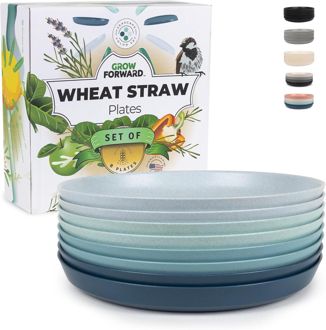 Grow Forward Premium Wheat Straw Plates - 10 Inch Reusable Hard Plastic Dinner Plates Set of 8 - Unbreakable & Microwave Safe Dishes for Dessert, Camping, RV, Outdoors, Patio, Kitchen - Seascape